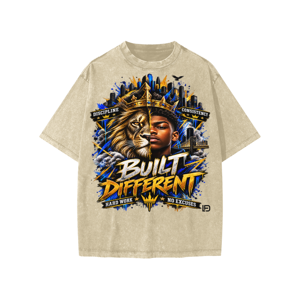 Kids & Teens Built Different: Crowned Duality Snow Washed Oversized Cotton T-Shirt