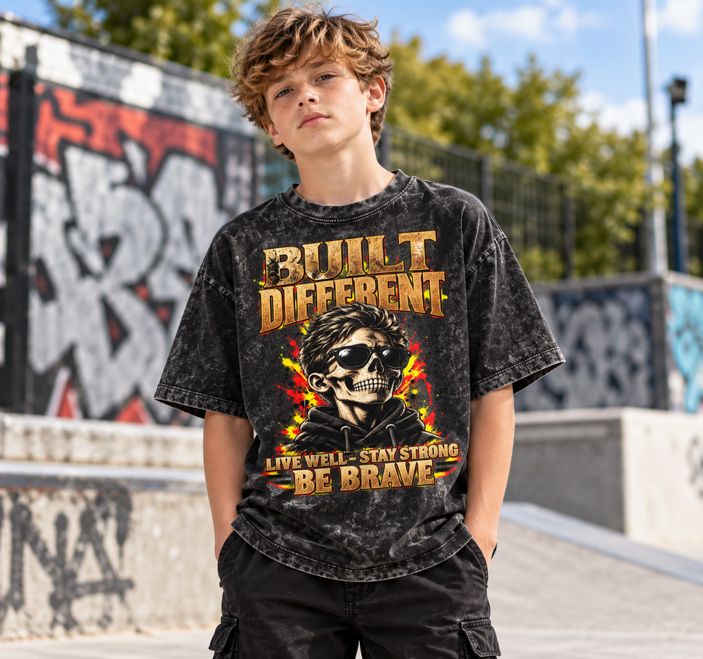 Kids & Teens Built Different: Live Well, Stay Strong, Be Brave Snow Washed Oversized Cotton T-Shirt