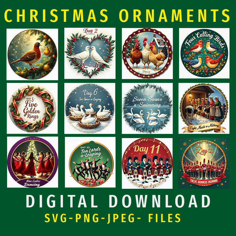 12 Days of Christmas Ornaments | SVG PNG JPG Designs (Digital Download)