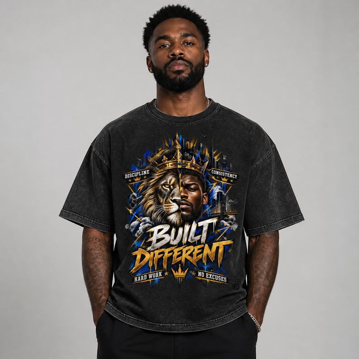 Built Different: Crowned Duality Snow Washed Oversized Cotton T-Shirt