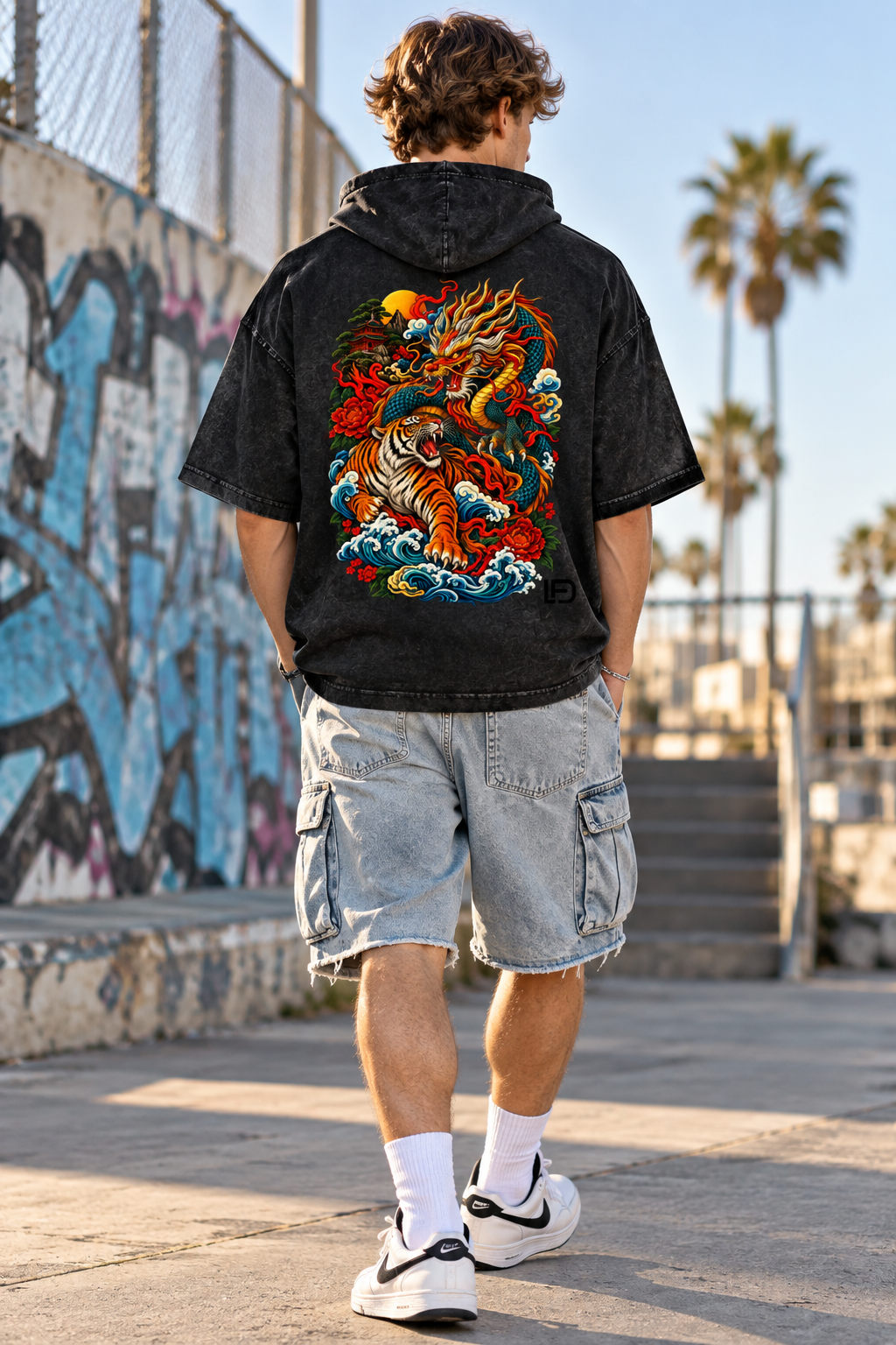 Dragon and Tiger Mythic Clash Snow Washed Hooded Boxy T-Shirt