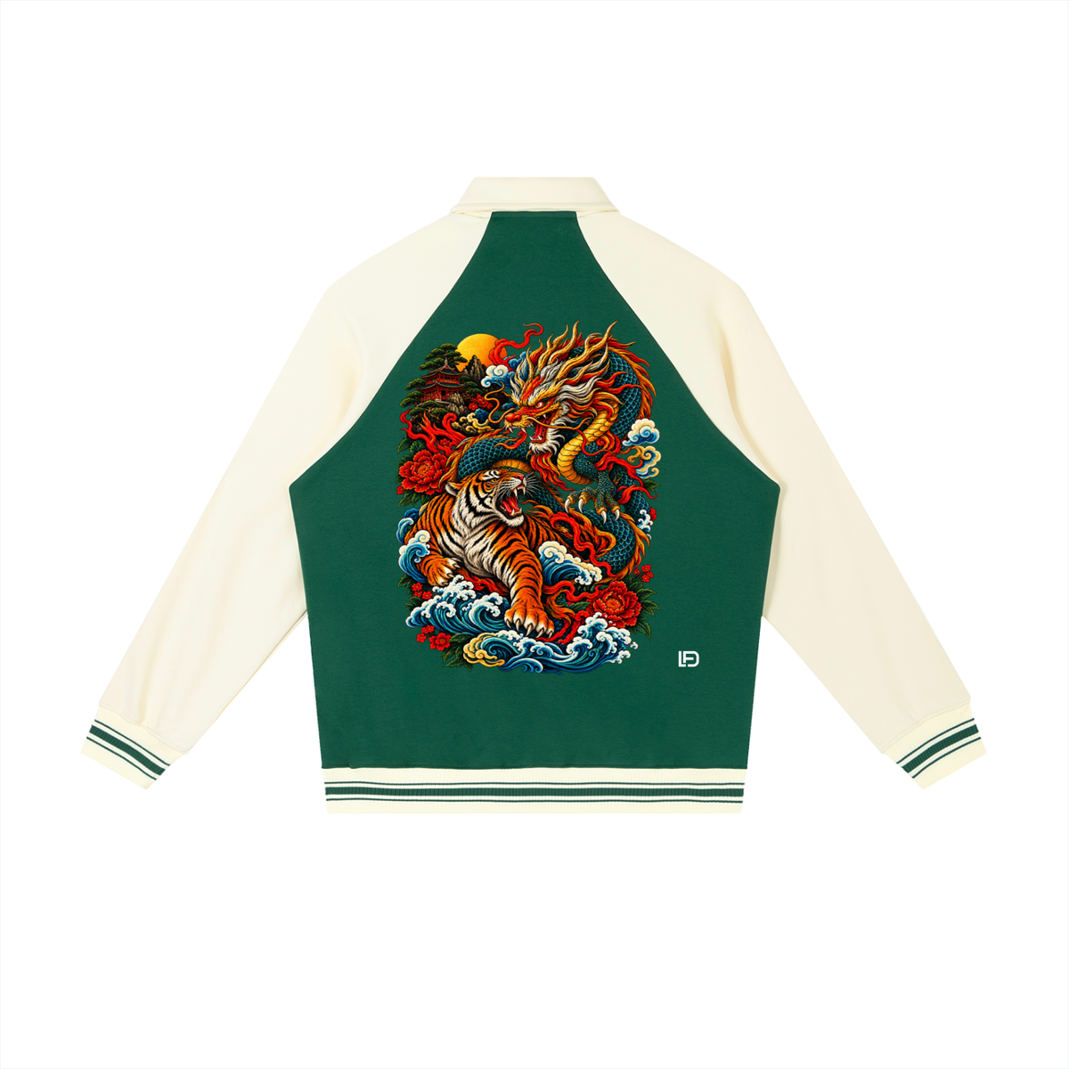 Dragon and Tiger Mythic Clash Contrast Raglan Sleeve Baseball Jacket