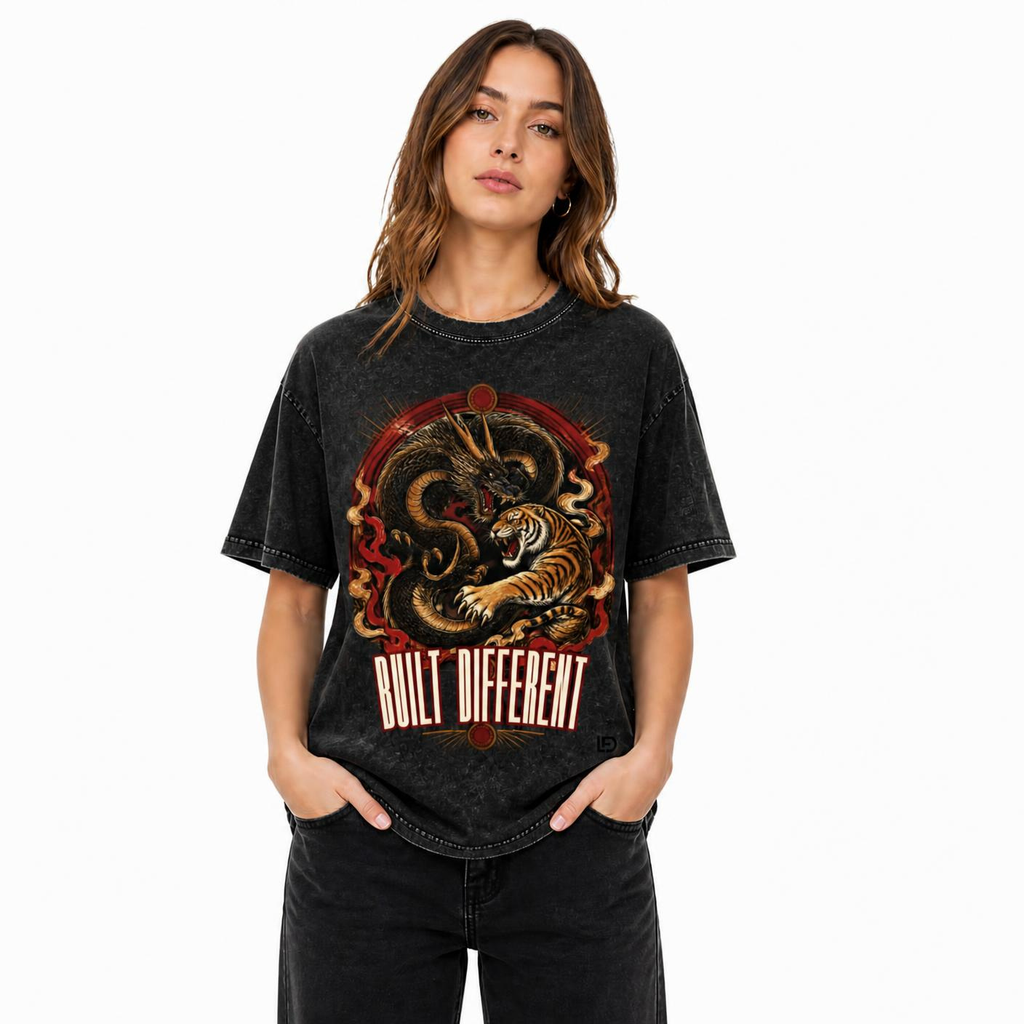 Dragon & Tiger Clash Snow Washed Oversized Cotton T-Shirt