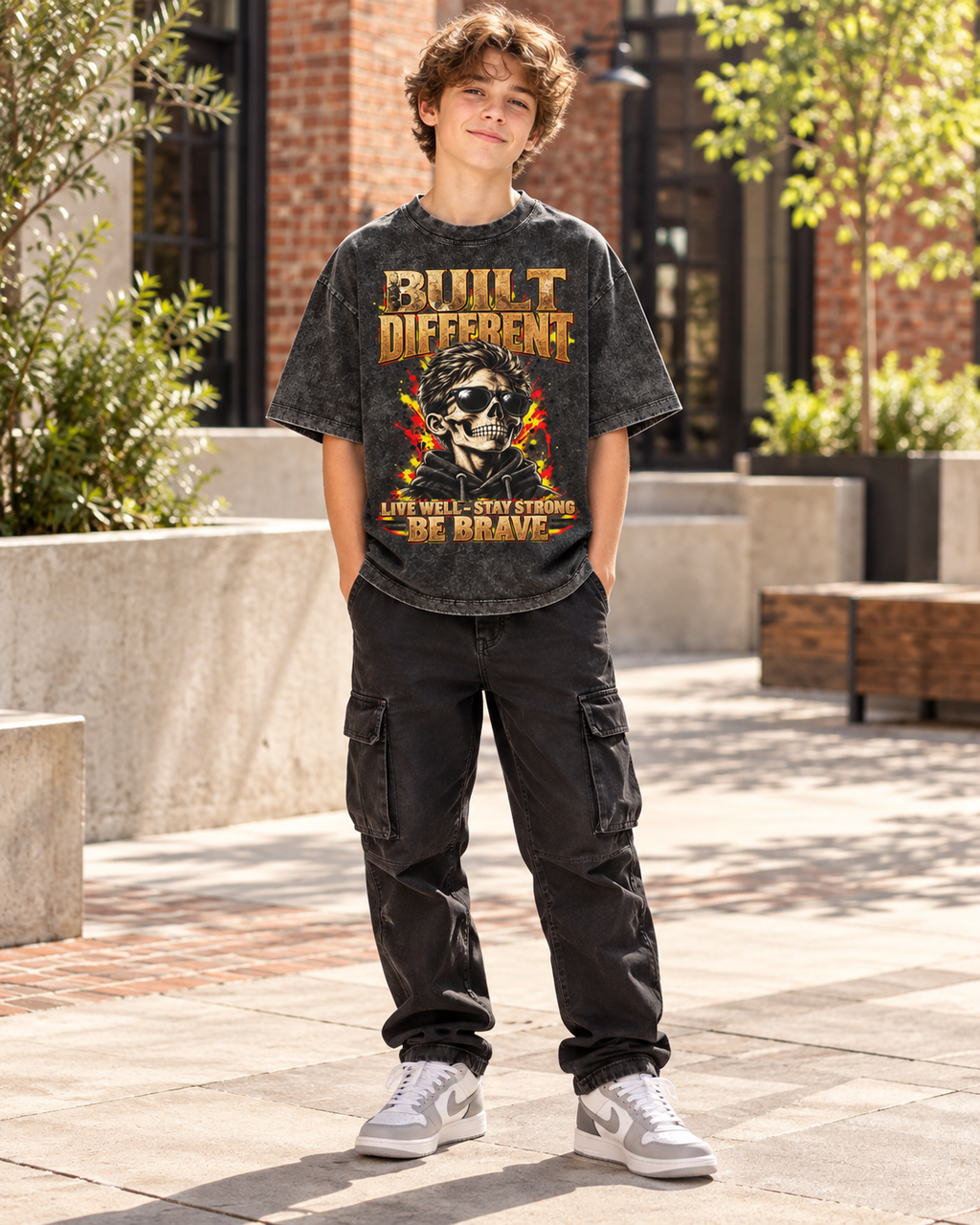 Kids & Teens Built Different: Live Well, Stay Strong, Be Brave Snow Washed Oversized Cotton T-Shirt