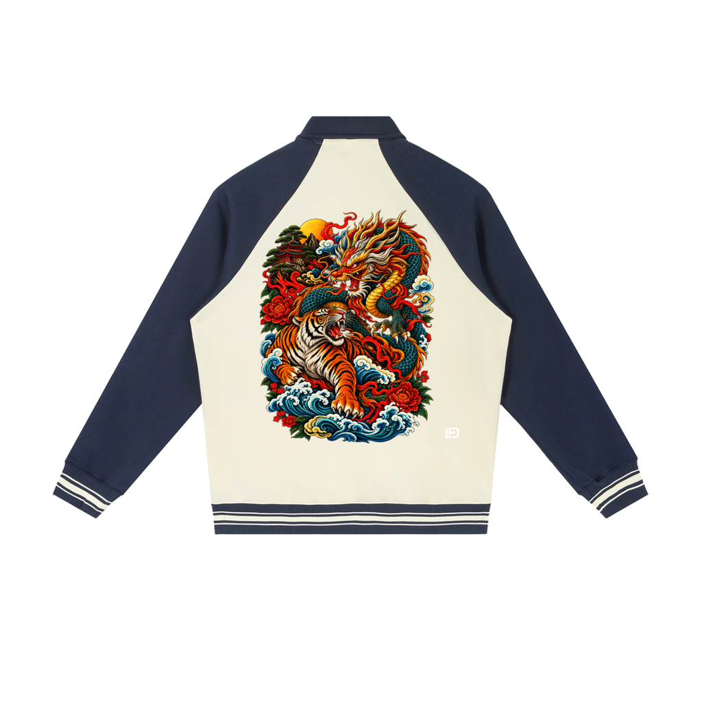 Dragon and Tiger Mythic Clash Contrast Raglan Sleeve Baseball Jacket