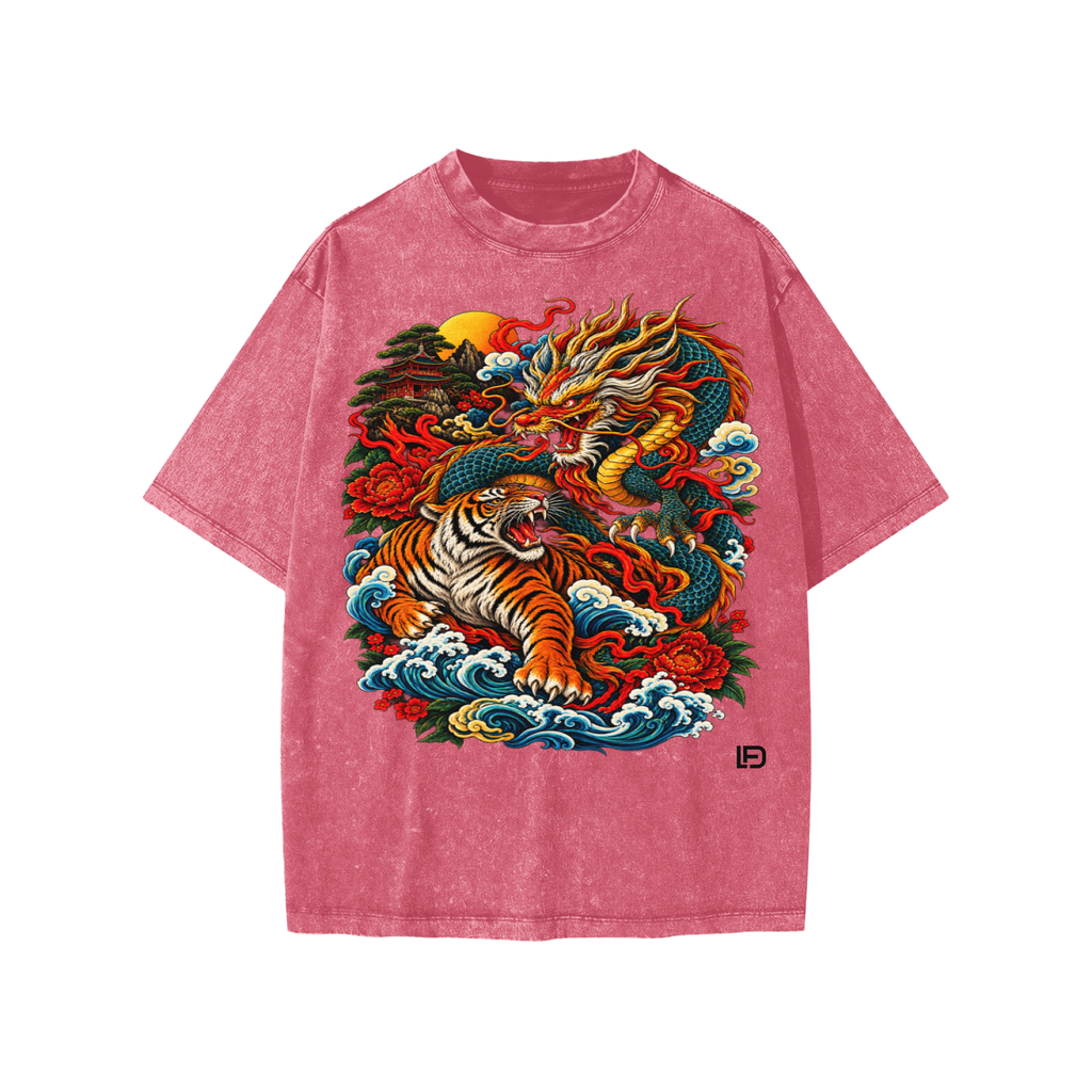 Kids & Teens Dragon and Tiger Mythic Clash – Snow Wash Raw-Hem Boxy T-Shirt