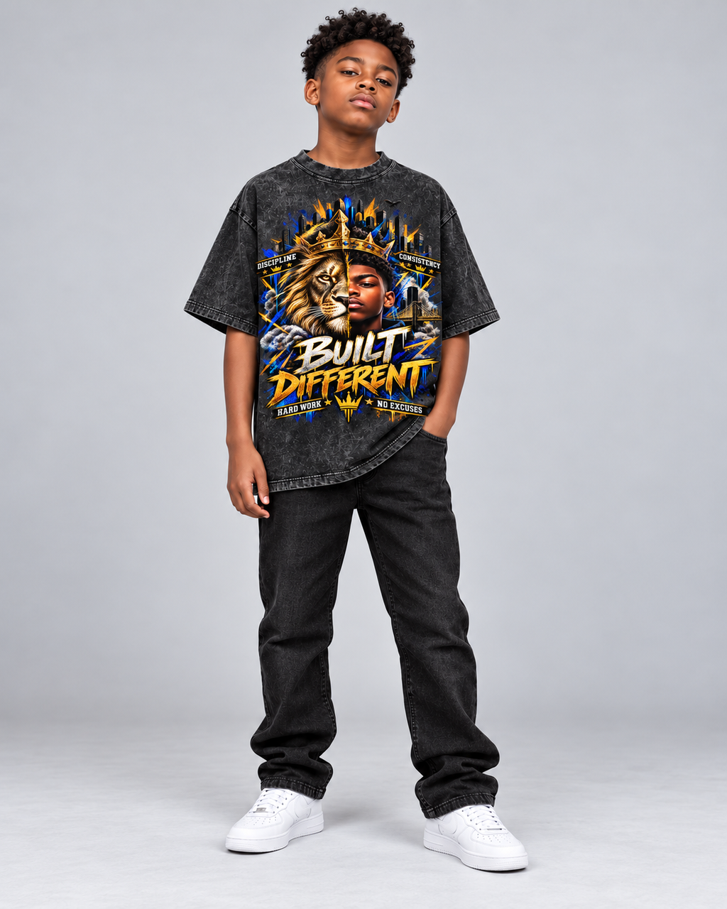 Kids & Teens Built Different: Crowned Duality Snow Washed Oversized Cotton T-Shirt
