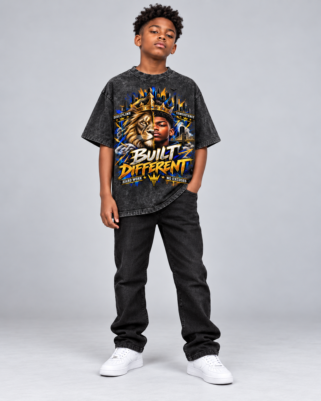 Kids & Teens Built Different: Crowned Duality Snow Washed Oversized Cotton T-Shirt