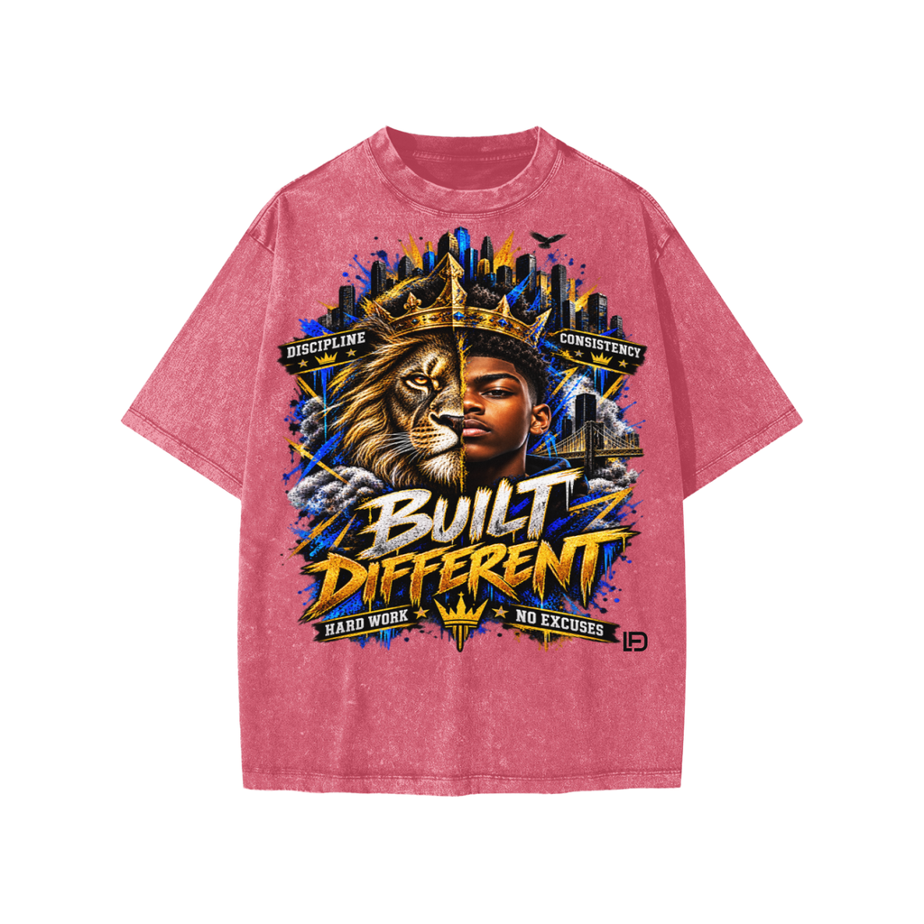 Kids & Teens Built Different: Crowned Duality Snow Washed Oversized Cotton T-Shirt