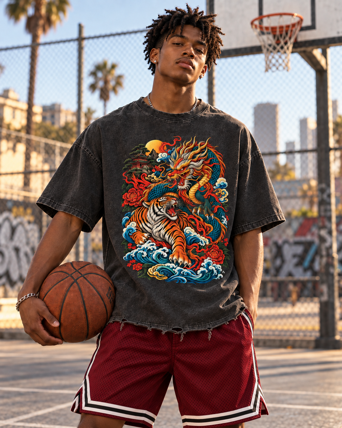 Dragon and Tiger Mythic Clash Snow Wash Raw-Hem Boxy T-Shirt