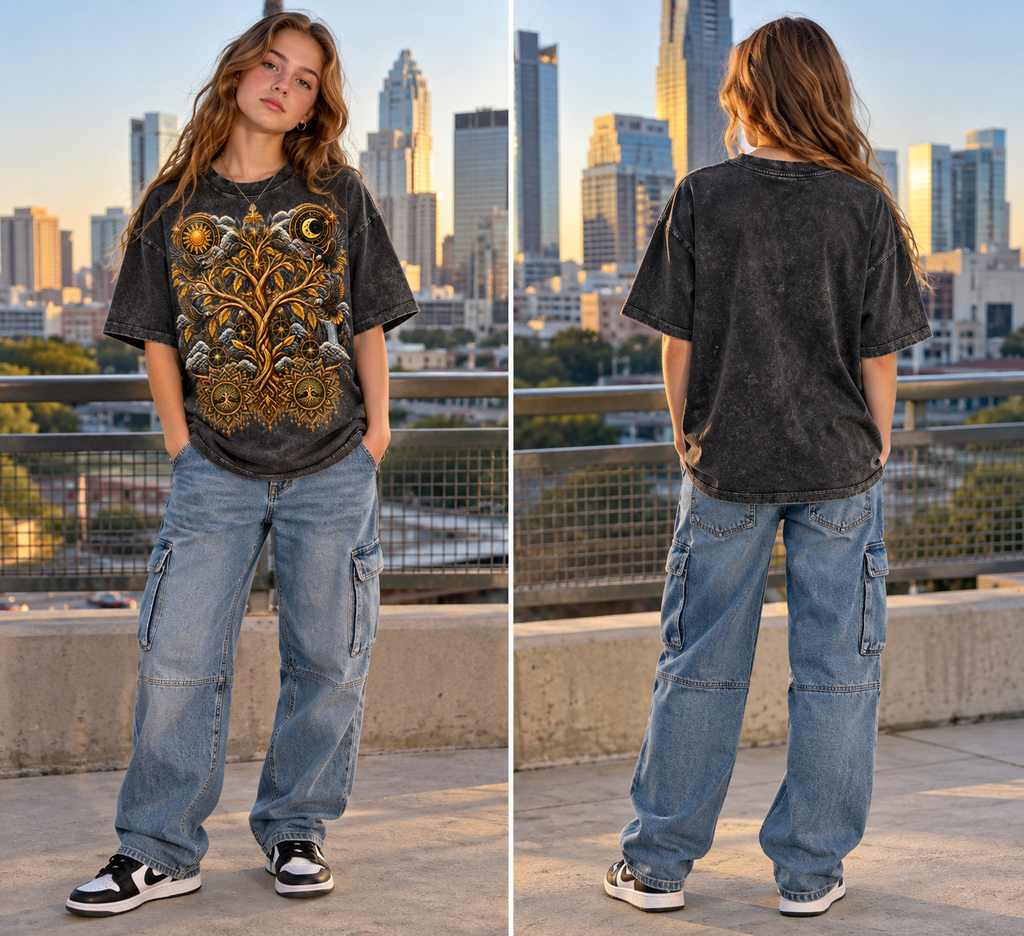 Kids & Teens Unified Celestial Tree Snow Washed Oversized Cotton T-Shirt