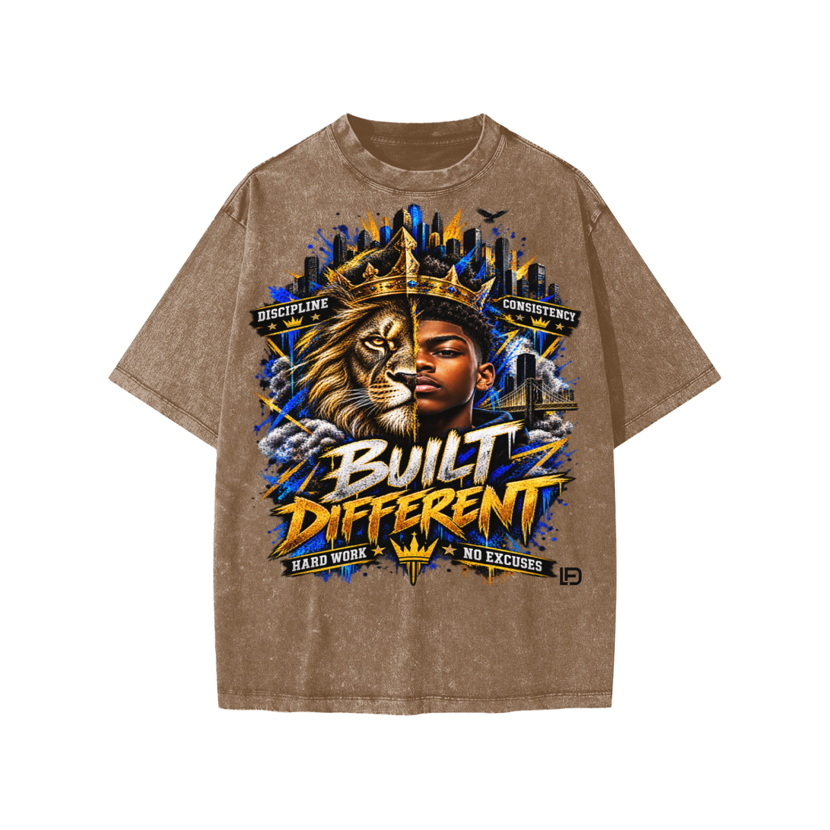 Kids & Teens Built Different: Crowned Duality Snow Washed Oversized Cotton T-Shirt