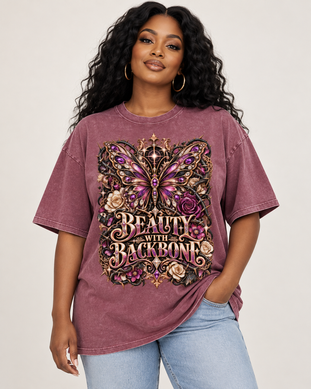 Beauty With Backbone – Snow Washed Oversized Cotton Graphic T-Shirt