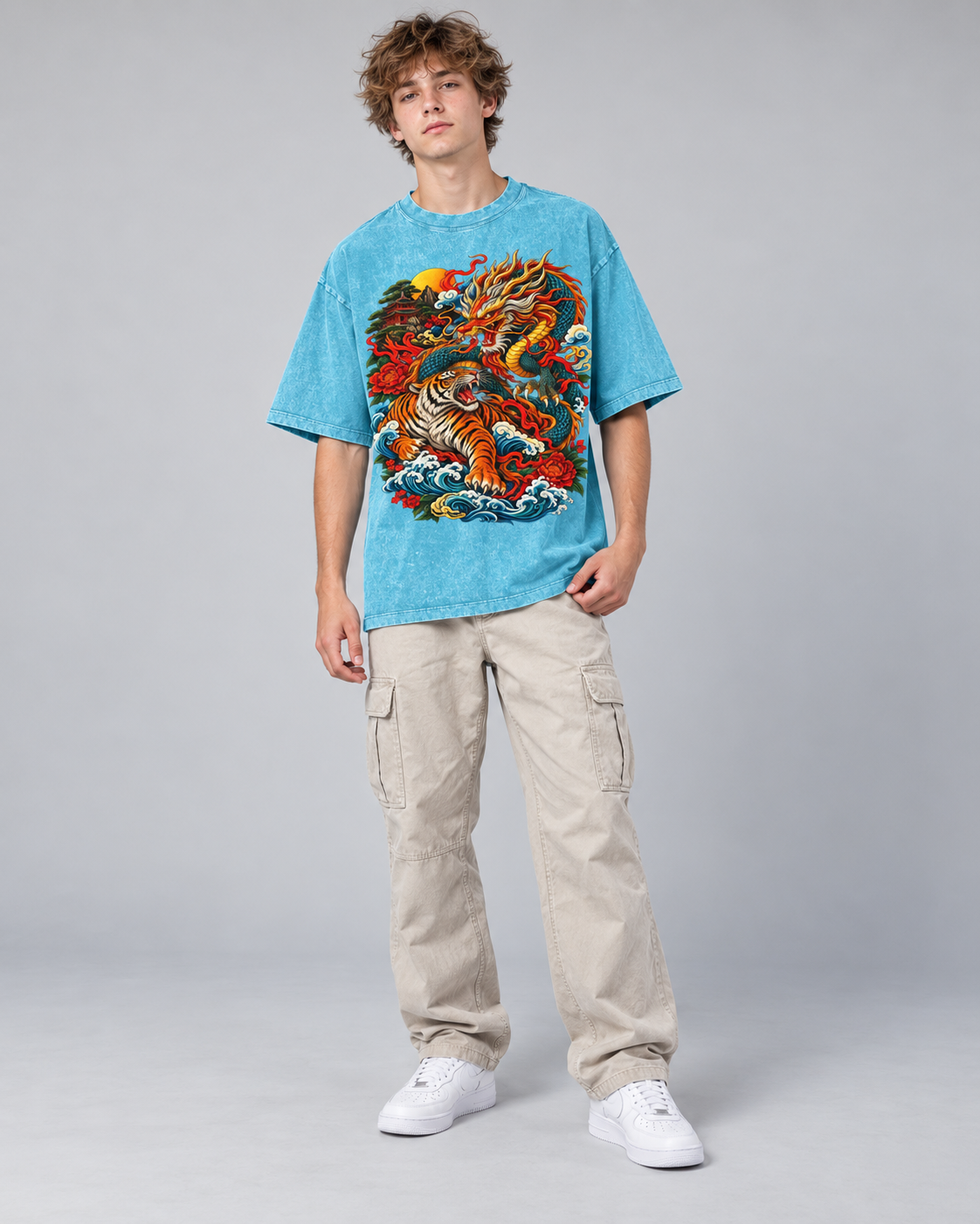 Kids & Teens Dragon and Tiger Mythic Clash – Snow Wash Raw-Hem Boxy T-Shirt