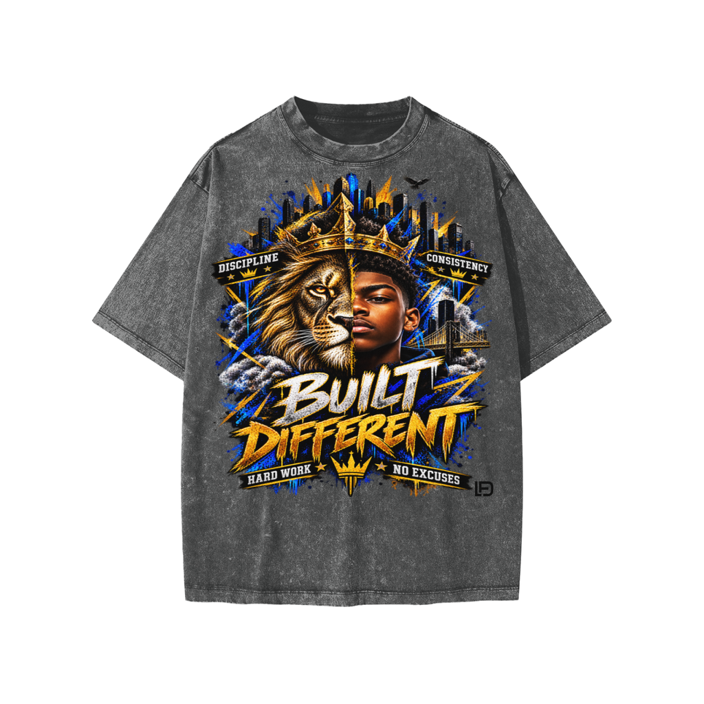 Kids & Teens Built Different: Crowned Duality Snow Washed Oversized Cotton T-Shirt