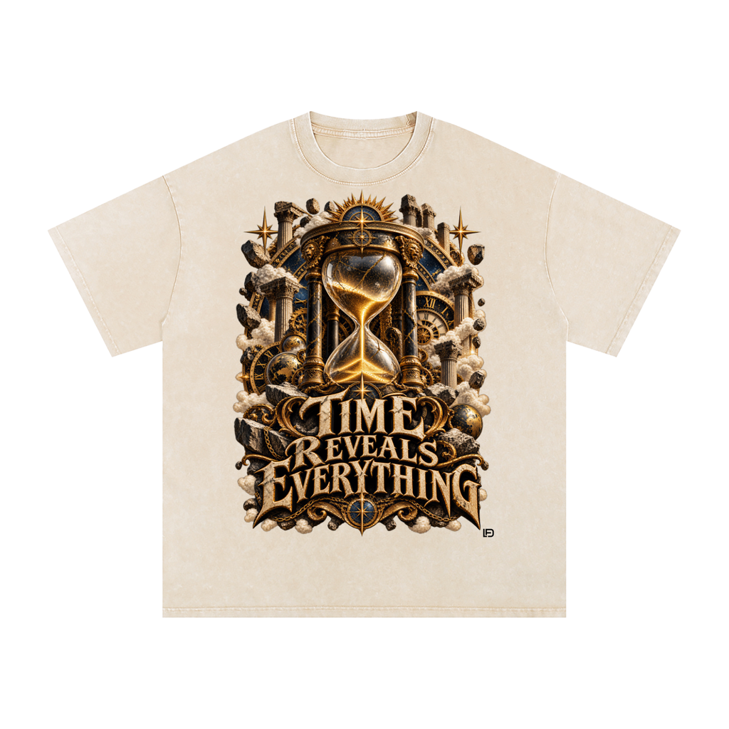 Time Reveals Everything - Snow Washed Oversized Cotton Graphic T-Shirt