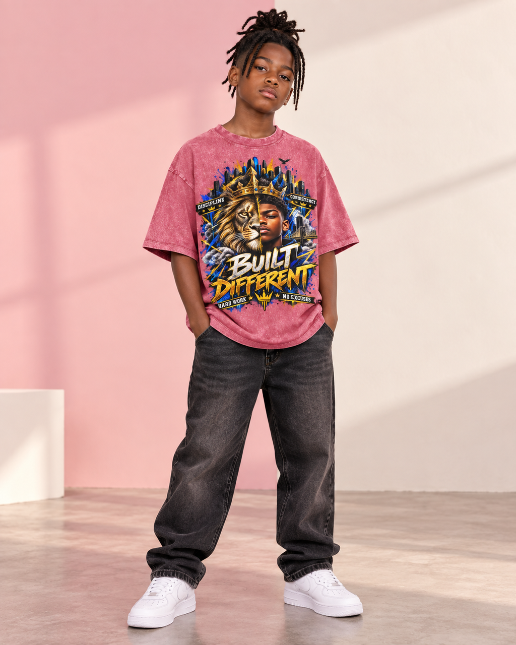 Kids & Teens Built Different: Crowned Duality Snow Washed Oversized Cotton T-Shirt